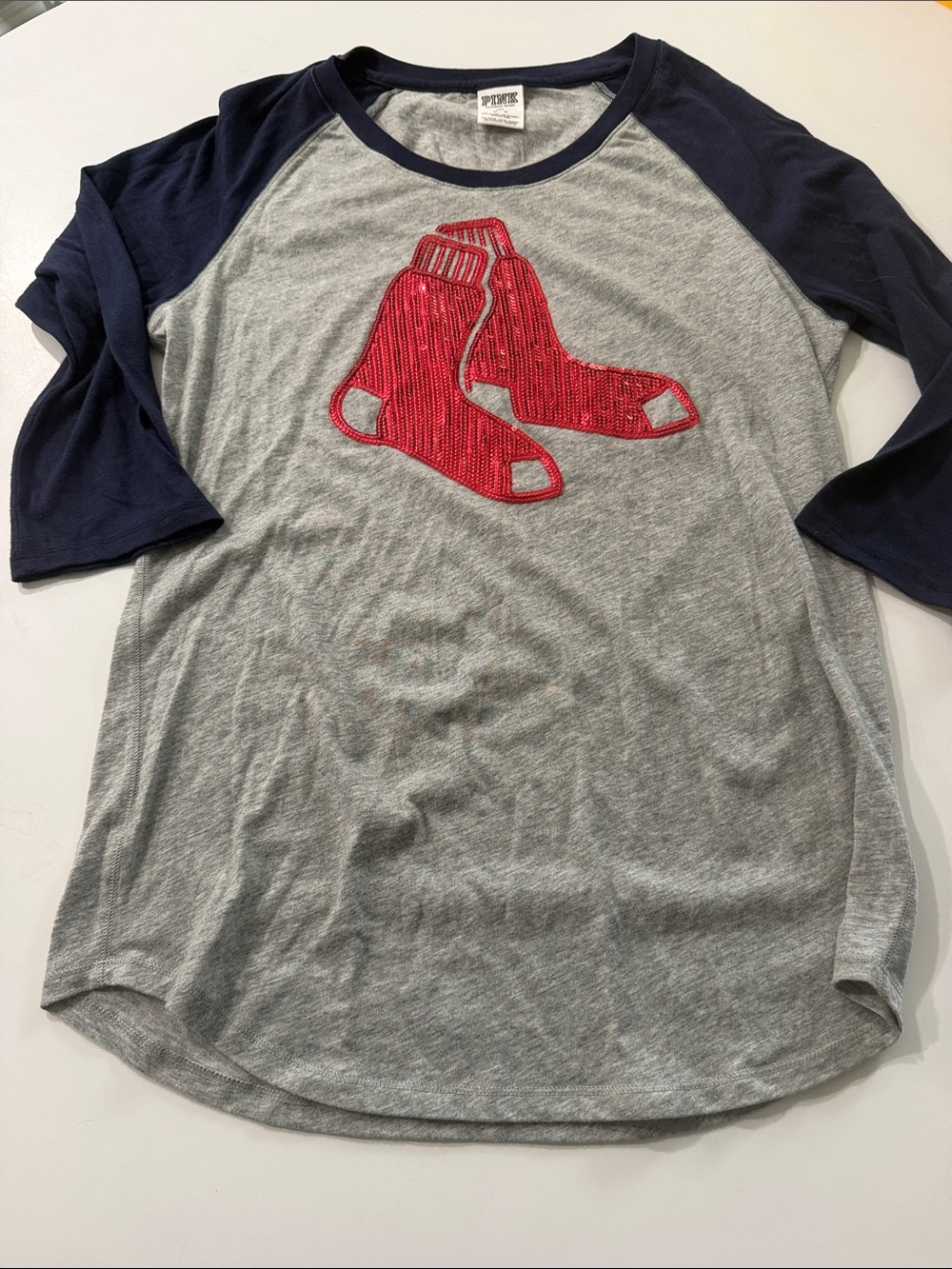 PINK Victoria's Secret Gray Raglan Tee with Navy Sleeves and Red Sequin Socks